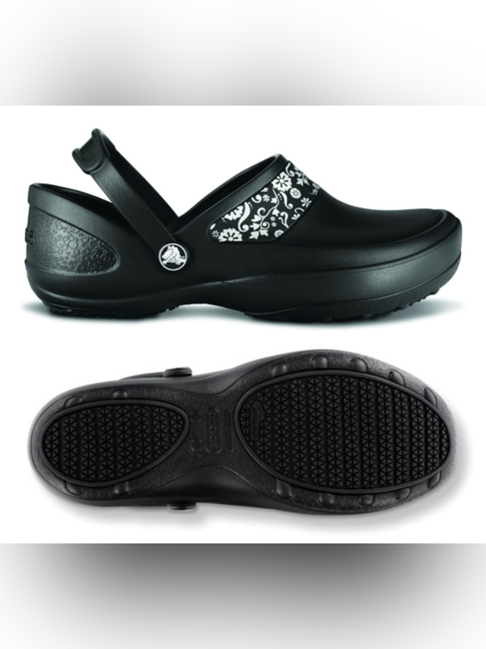 Crocs Mercy Black Silver Floral Flower Work Nursing Clog
Shoes Size 8